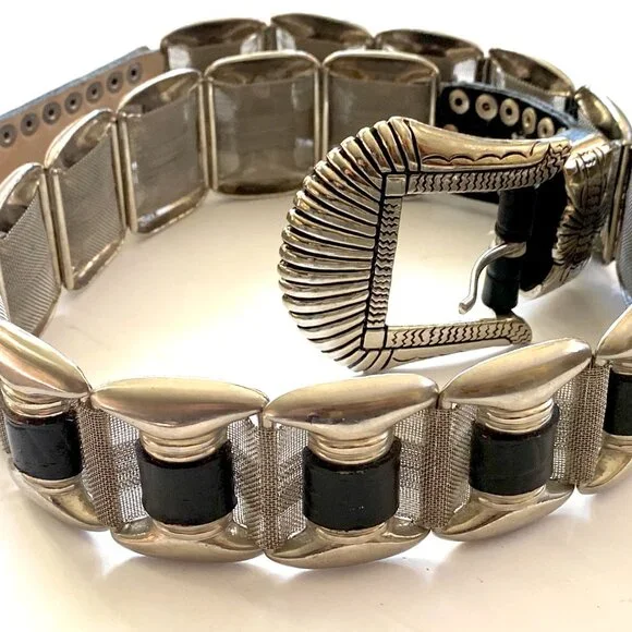 Vintage Black Leather, Silver Metal and Mesh Belt - Goth, Punk, Emo - Picture 2 of 8